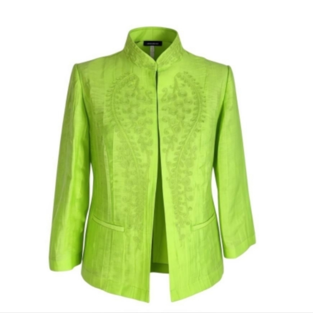 Chicos Blazer Size 0 S 4 Neon Green Open Front Embroidered Pockets Linen Blend